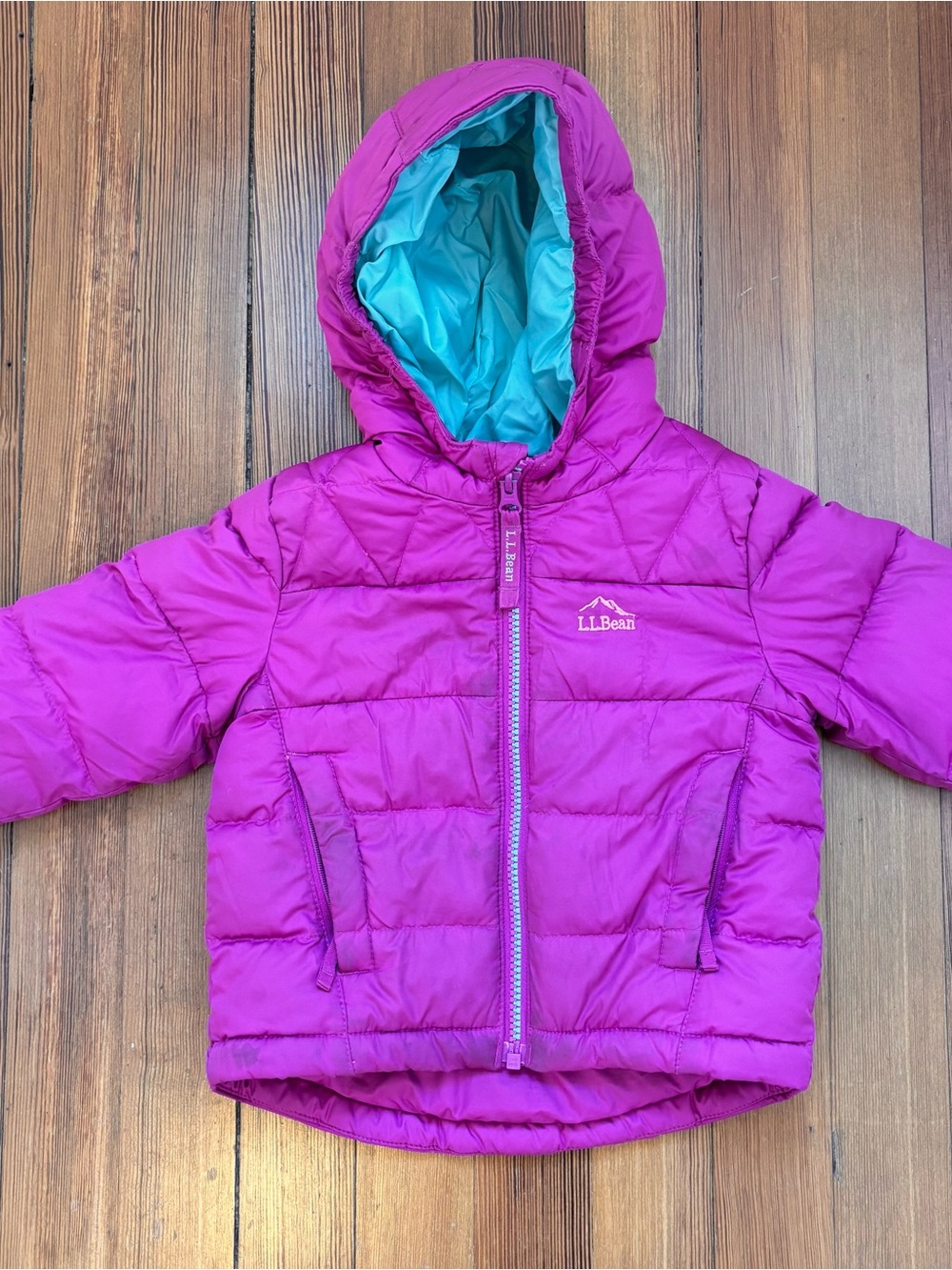 L.L. Bean Kids Hooded Puffer Jacket in Magenta with Teal Lining